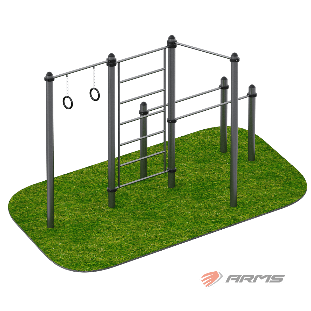 Комплекс снарядов – кольца гимнастические, турник, шведская стенка, брусья ARWOK021 Стойки d 108 мм.