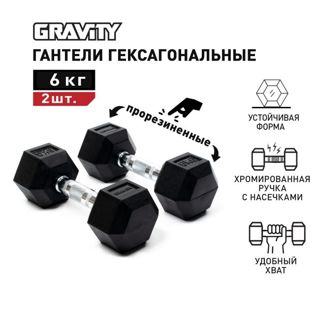 Пара гексагональных гантелей Gravity, 6 кг (общий вес 12 кг), цвет черный